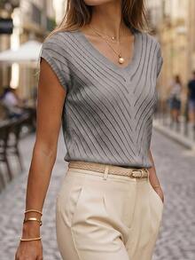 SHEIN Casual Fit V-Neck Cap Sleeve Hollow Knit Apricot Women's Spring/Summer Knit Top - Dark Grey - View 5