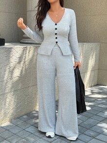 Easura Setelan 2 Potong Atasan dan Celana Rajut Warna Kontras dengan Desain Kancing untuk Musim Gugur - Grey - View 4