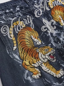 ROMWE Grunge Punk 復古龐克做舊深色圖案印花虎頭刺繡寬鬆超大版牛仔褲 - 藍色 - 查看 3