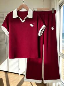 青少年女孩 T-Shirt 套裝，抓絨內裡，保暖 - 酒紅色 - 查看 3