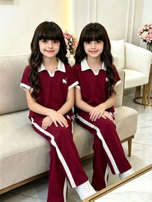 青少年女孩 T-Shirt 套裝，抓絨內裡，保暖 - 酒紅色 - 查看 1