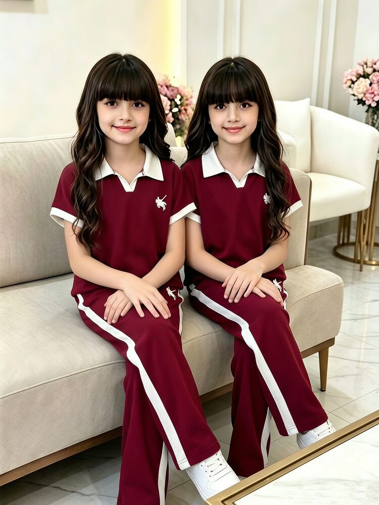 Tween Girls T-Shirt Co-Ords, Fleece-Lined, Keep Warm - Burgundy - View 1