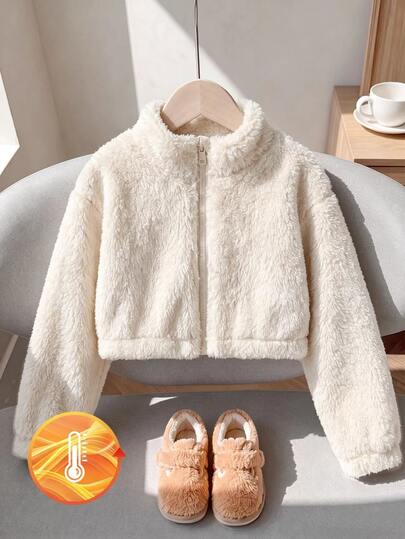 Baby Girl Solid Color Plush Short Waist Zipper Cardigan Half-High Collar Fashion Minimalist Versatile Jacket, Suitable For Outdoor Wear