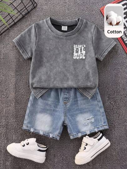 SHEIN 2pcs/Set Setelan Bayi Laki-laki Musim Panas Gaya Kasual Jalanan Atasan Rajut Denim dan Celana Pendek Denim, Pakaian Denim Bayi Laki-laki, Setelan Kaos, Setelan Liburan, Setelan Musim Panas