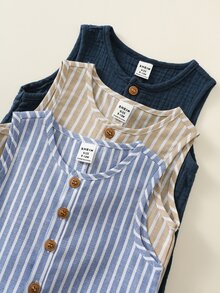 SHEIN 3pcs Newborn Baby Boy Baby Girl Summer Casual Striped Crinkle Fabric Romper Set, Basic Multi-Piece Set, Cute Striped Romper - Multicolor - View 5