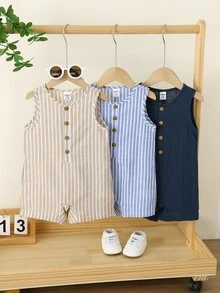 SHEIN 3pcs Newborn Baby Boy Baby Girl Summer Casual Striped Crinkle Fabric Romper Set, Basic Multi-Piece Set, Cute Striped Romper - Multicolor - View 3