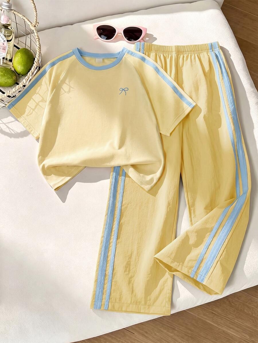 SHEIN Tween Girls 2pcs/Set Round Neck T-Shirt Mini Set, Sporty Casual Athletic Style, Outfits, Beach Holiday Career, Boho, Concert - Yellow - View 1