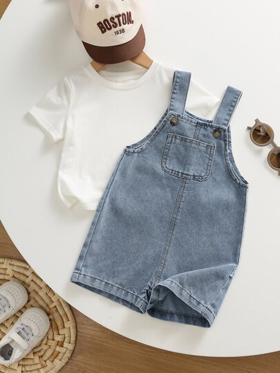 SHEIN Unisex Baby/Baby Boy/Girl Cute Denim Bib Shorts Romper, Baby Boy Summer Clothes, Streetwear, Baby Overalls, Jeans