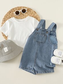 SHEIN 男女宝宝可爱牛仔背带短裤连体衣，男宝宝夏季服装，街头服饰，婴儿背带裤，牛仔裤 - 淺藍色 - 查看 3