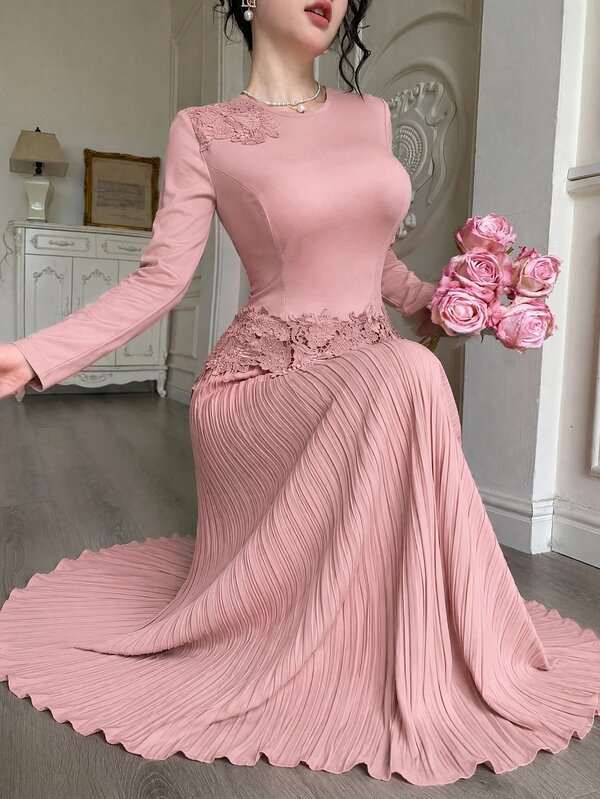 Modelyn Women's Woven Pleated Pink Long Sleeve Lace Trim Elegant Romantic Date Party Dress