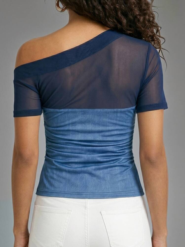 SHEIN Women's Asymmetric Neck Mesh Patchwork Ruched Fitted Versatile Daily Casual Top - Blue - View 2