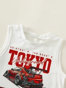 SHEIN 2pcs/Set Baby Boy Casual Cute Car Graphic Knit Tank Top & Denim Shorts Set, Tank Top Set, Denim Set, Racing Car Set - Multicolor - View 10