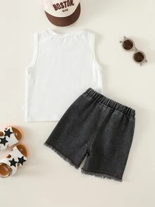 SHEIN 2pcs/Set Baby Boy Casual Cute Car Graphic Knit Tank Top & Denim Shorts Set, Tank Top Set, Denim Set, Racing Car Set - Multicolor - View 2