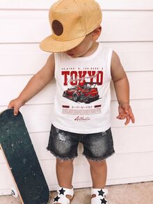SHEIN 2pcs/Set Baby Boy Casual Cute Car Graphic Knit Tank Top & Denim Shorts Set, Tank Top Set, Denim Set, Racing Car Set - Multicolor - View 11