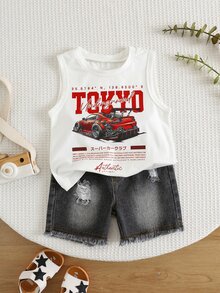 SHEIN 2pcs/Set Baby Boy Casual Cute Car Graphic Knit Tank Top & Denim Shorts Set, Tank Top Set, Denim Set, Racing Car Set - Multicolor - View 4