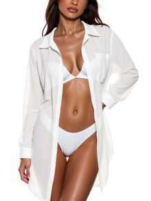 Swim Basics Summer Beach Solid Color Drop Shoulder Kimono Cardigan - White - View 2