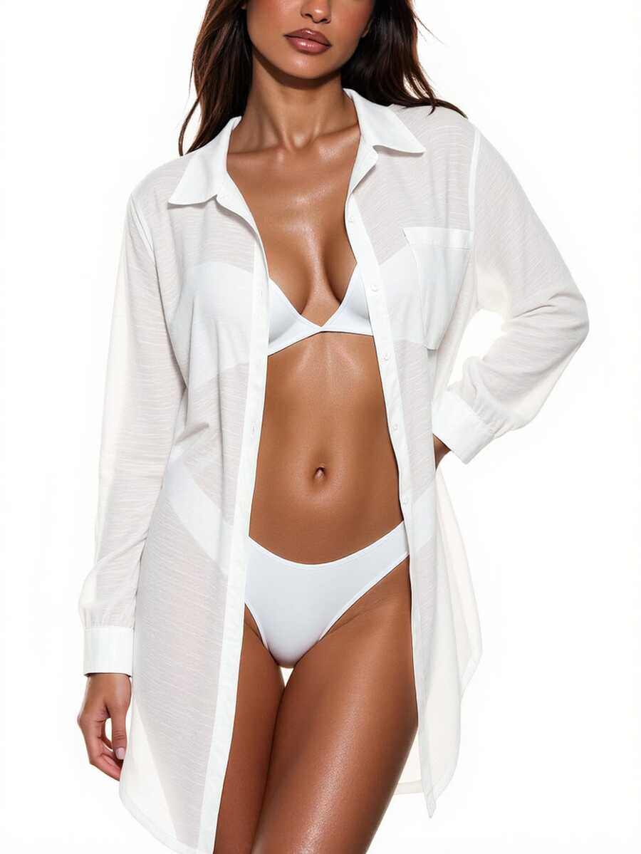 Swim Basics Summer Beach Solid Color Drop Shoulder Kimono Cardigan
