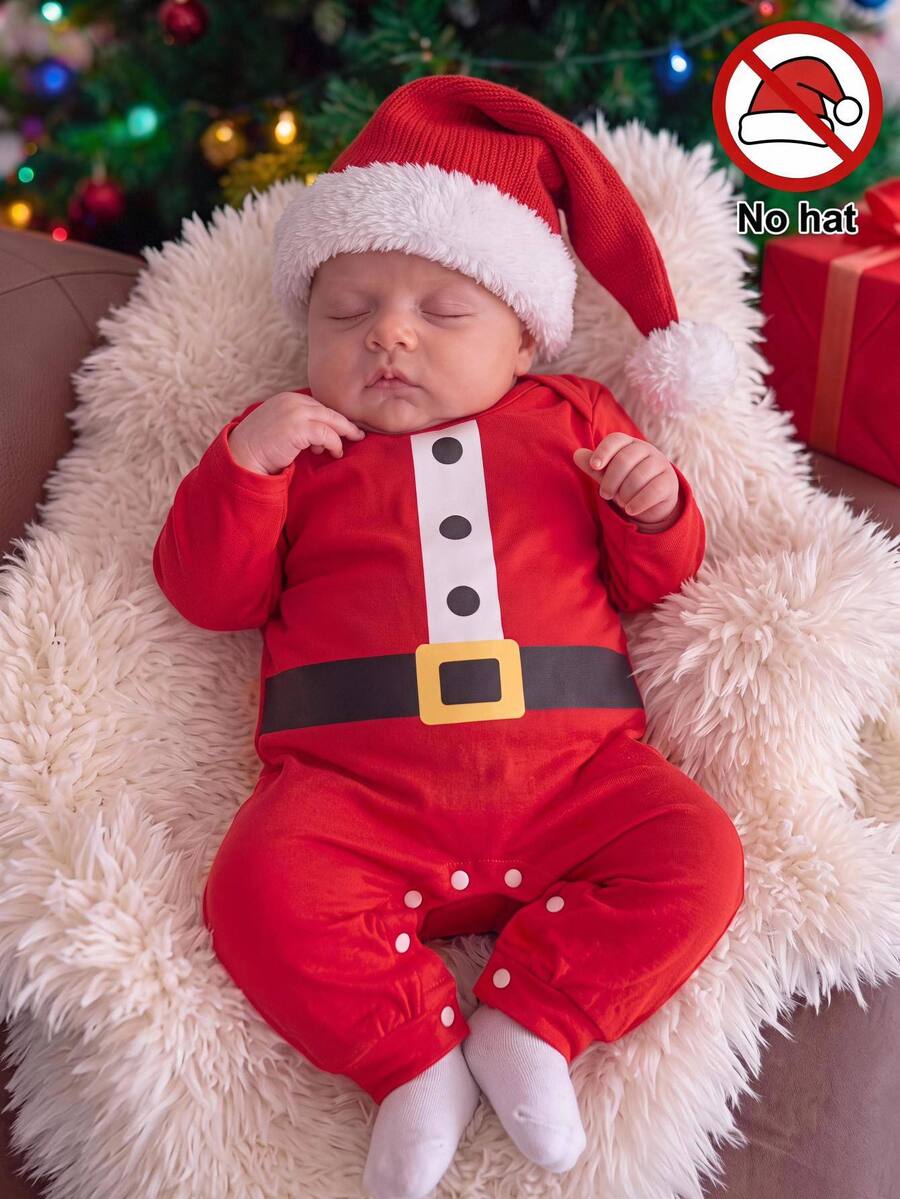 Newborn Baby Button Waist Pattern Print Long Sleeve One-Piece Long Pants Loungewear - Red - View 1
