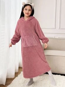 SHEIN 青少年女孩秋冬款連帽極簡貓耳可愛舒適保暖內裡加厚家居休閒洋裝 - 淺粉色 - 查看 2