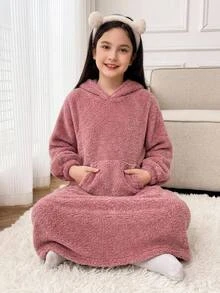 SHEIN 青少年女孩秋冬款連帽極簡貓耳可愛舒適保暖內裡加厚家居休閒洋裝 - 淺粉色 - 查看 3