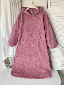 SHEIN 青少年女孩秋冬款連帽極簡貓耳可愛舒適保暖內裡加厚家居休閒洋裝 - 淺粉色 - 查看 5