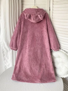 SHEIN 青少年女孩秋冬款連帽極簡貓耳可愛舒適保暖內裡加厚家居休閒洋裝 - 淺粉色 - 查看 6
