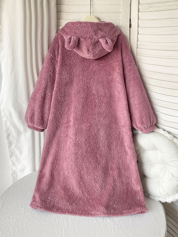 SHEIN Tween Girls Autumn/Winter Hooded Minimalist Cat Ear Cute Comfortable Thermal Lined Thickened Loungewear Dress - Baby Pink - View 6