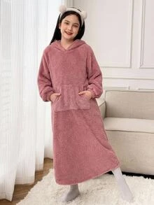 SHEIN 青少年女孩秋冬款連帽極簡貓耳可愛舒適保暖內裡加厚家居休閒洋裝 - 淺粉色 - 查看 1