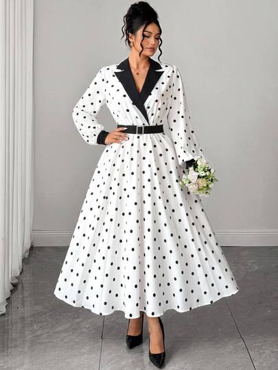 Elenzga Early Autumn Women's Elegant Exquisite Blazer Collar Long Sleeve Cinched Waist Color Block White Polka Dot Flare Dress Vintage Party Slimming Height-Enhancing Dress