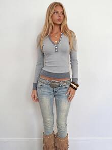 SuriyaCove Women's Striped Henley V Neck Button Ribbed Knit Long Sleeve Shirt, Casual Fitted Blouse For Autumn - Multicolor - View 6