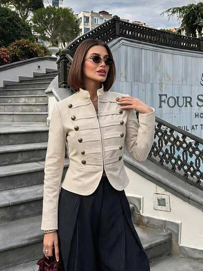 Lavishia Women's Elegant Double-Breasted Light Khaki Zip Front Napoleon/Military Jacket, Fall Outfit,Country Concert Attire, NapoleonJacket,Gothic Style,Autumn