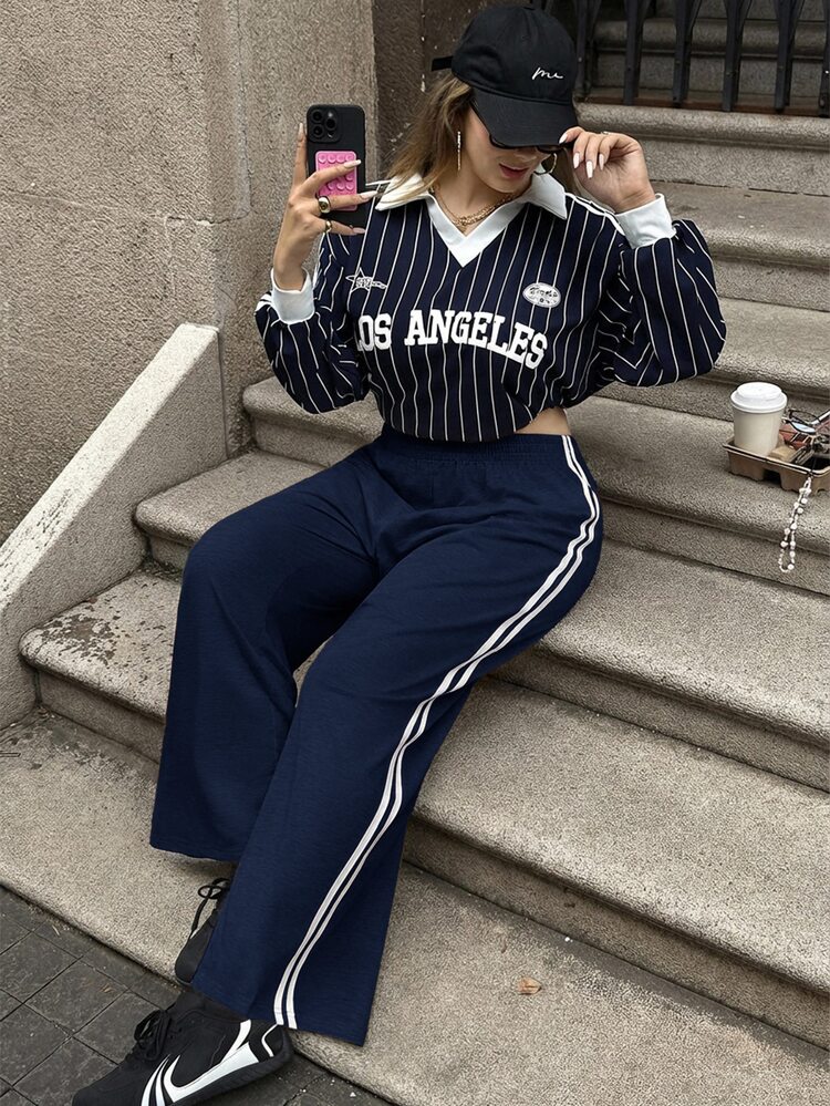 SHEIN EZwear 大码女式休闲藏蓝色侧条纹裤，简约时尚，适合日常休闲穿着、毕业季、返校季、毕业典礼、女教师着装等场合。宽松运动裤，阔腿运动裤，条纹运动裤，藏蓝色运动裤。 - 藏蓝色 - 查看 6