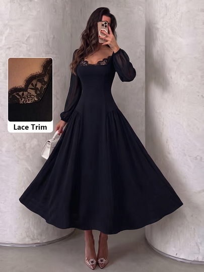 Modelyn Women's Woven Long Sleeve Mixed Material Contrast Lace Romantic Elegant Outing Date Long Dress