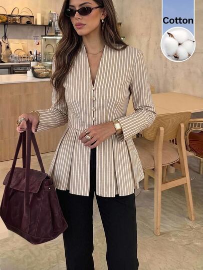 SHEIN Frenchy Women's Striped Long Sleeve Pleated Hem Casual Regular Jacket