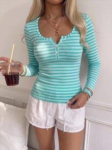 CovetEZ Women's Button Half-Placket Striped Colorblock Long Sleeve T-Shirt, Graduation Ceremony, Outing, Y2K - Multicolor - View 3
