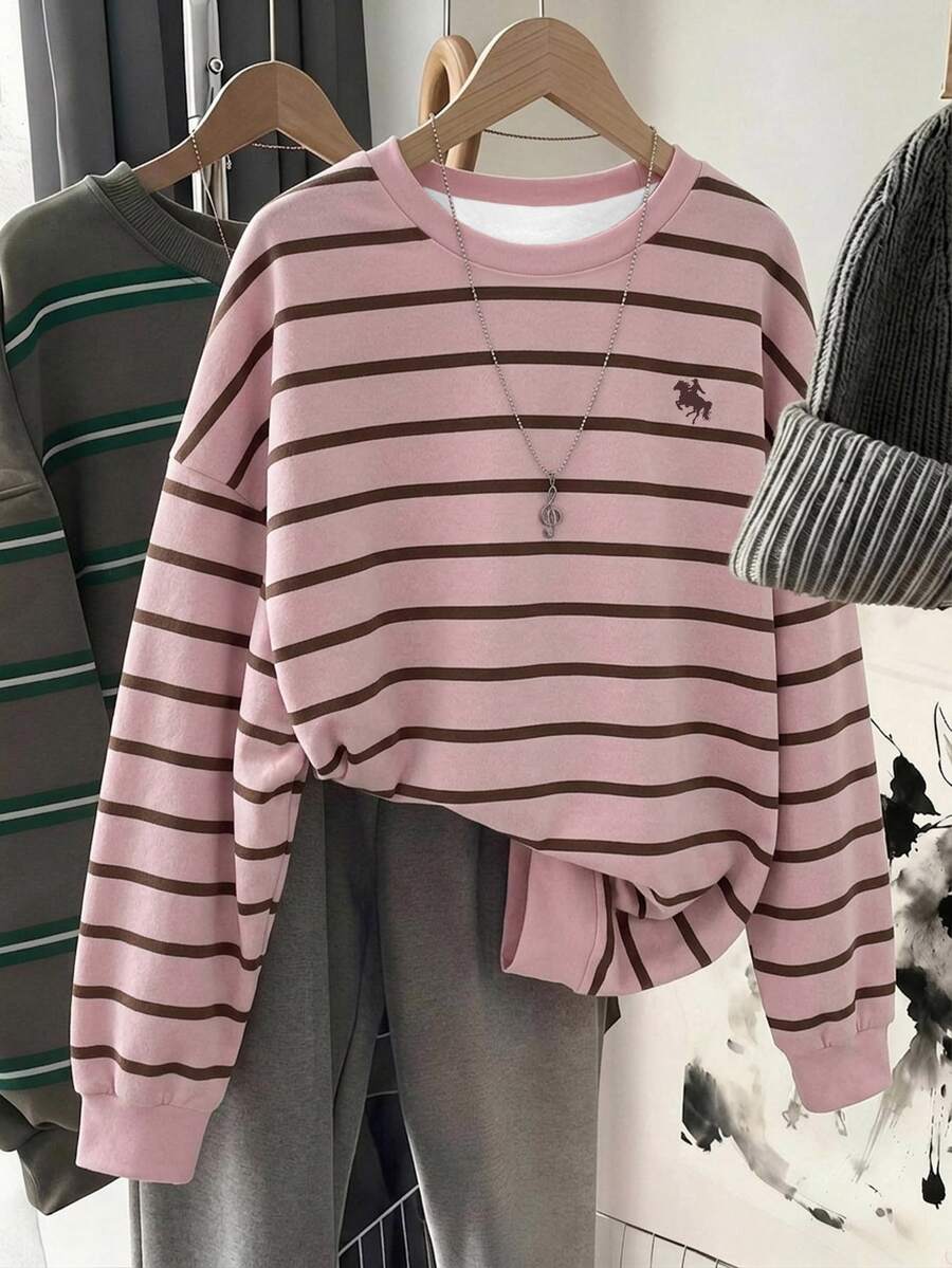 SHEIN LUNE 女款圓領寬鬆休閒極簡百搭衛衣,適合日常穿著、約會之夜、秋季、通勤、百搭上衣、外出、機場 - 白色 - 查看 1