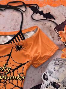 SHEIN EZwear 萬聖節橘色復古蜘蛛印花條紋拼接掛脖 2 合 1 T恤 - 彩色 - 查看 4