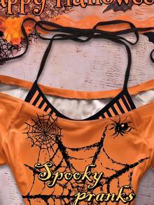 SHEIN EZwear 萬聖節橘色復古蜘蛛印花條紋拼接掛脖 2 合 1 T恤 - 彩色 - 查看 5