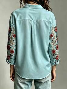 Selamara Plus Size Women's Vintage Boho Floral Print Button Long Sleeve Shirt Vacation Formal Light Blue Autumn - Multicolor - View 2