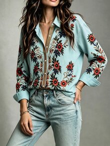 Selamara Plus Size Women's Vintage Boho Floral Print Button Long Sleeve Shirt Vacation Formal Light Blue Autumn - Multicolor - View 4