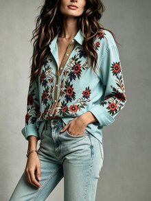 Selamara Plus Size Women's Vintage Boho Floral Print Button Long Sleeve Shirt Vacation Formal Light Blue Autumn - Multicolor - View 3