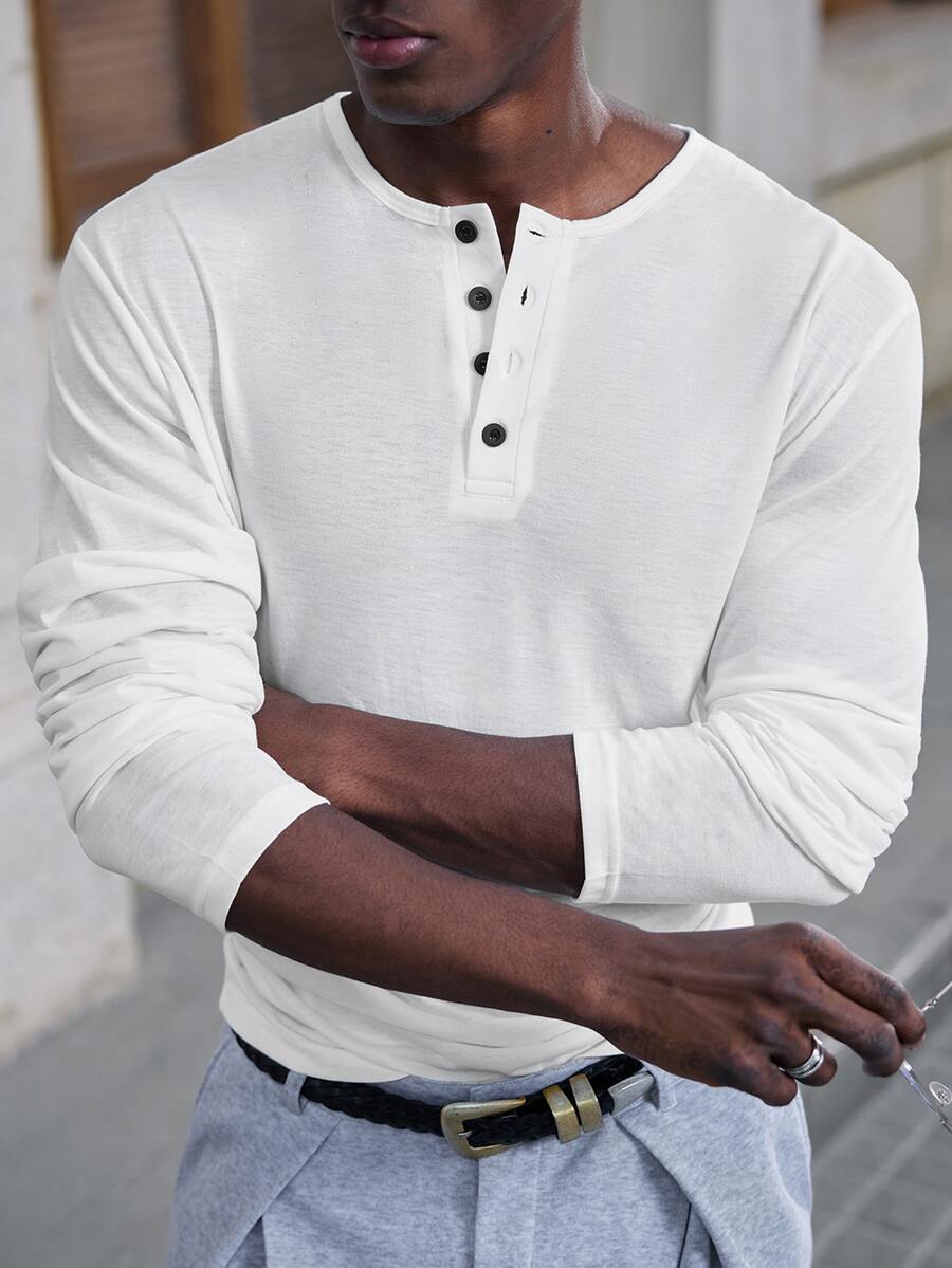 Mainfolk Men's White Button Half-Placket Long Sleeve Casual T-Shirt - White - View 1