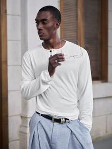 Mainfolk Men's White Button Half-Placket Long Sleeve Casual T-Shirt - White - View 6