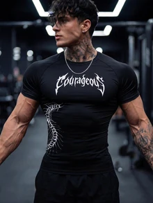 RISE LYT Men's Letter Print Short Sleeve Slim Fit Fitness Sports T-Shirt, Gym - Black - View 1