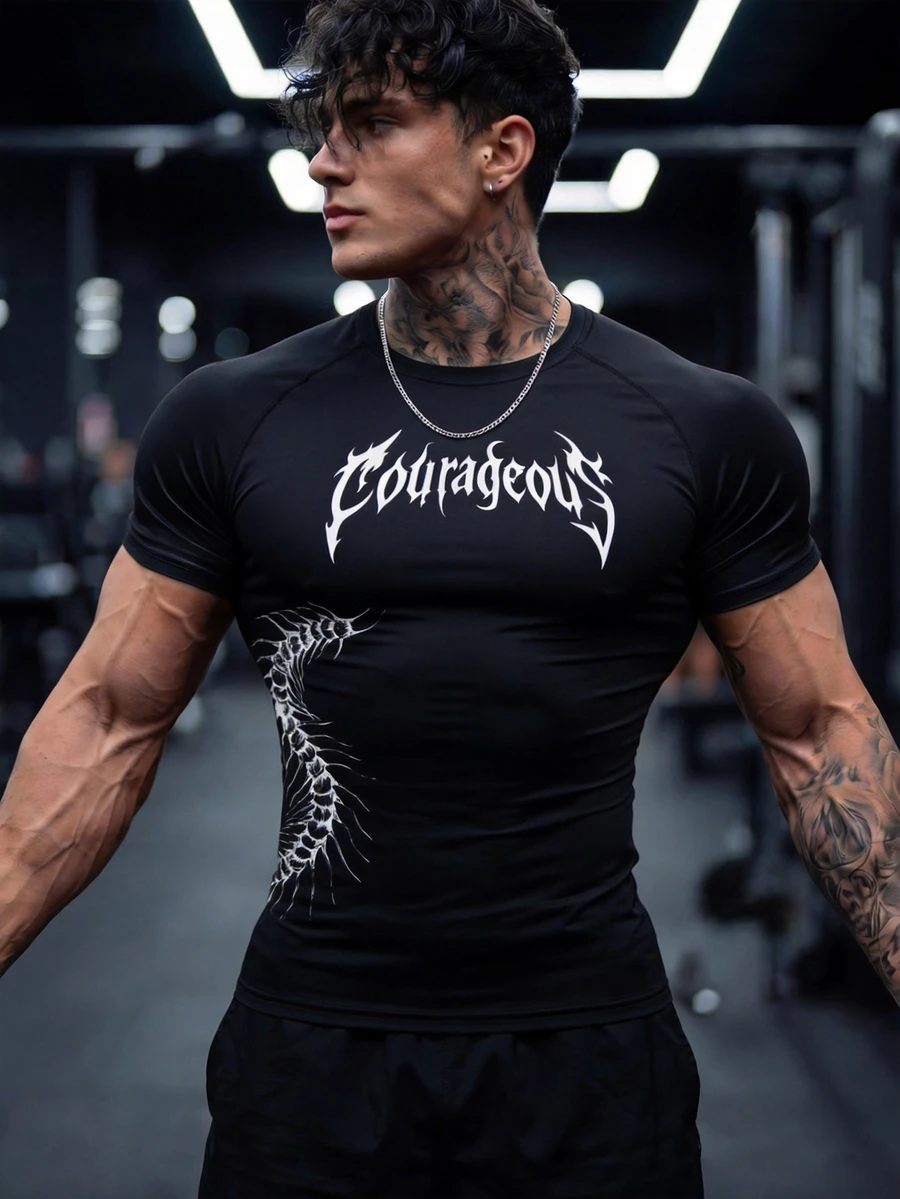 RISE LYT Men's Letter Print Short Sleeve Slim Fit Fitness Sports T-Shirt, Gym - Black - View 1