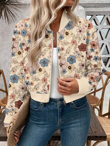 Louniche Floral Print Zip-Up Women Short Baseball Jacket, Spring Autumn Fall Winter Cloth For Women - Multicolor - View 5