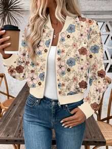 Louniche Floral Print Zip-Up Women Short Baseball Jacket, Spring Autumn Fall Winter Cloth For Women - Multicolor - View 4
