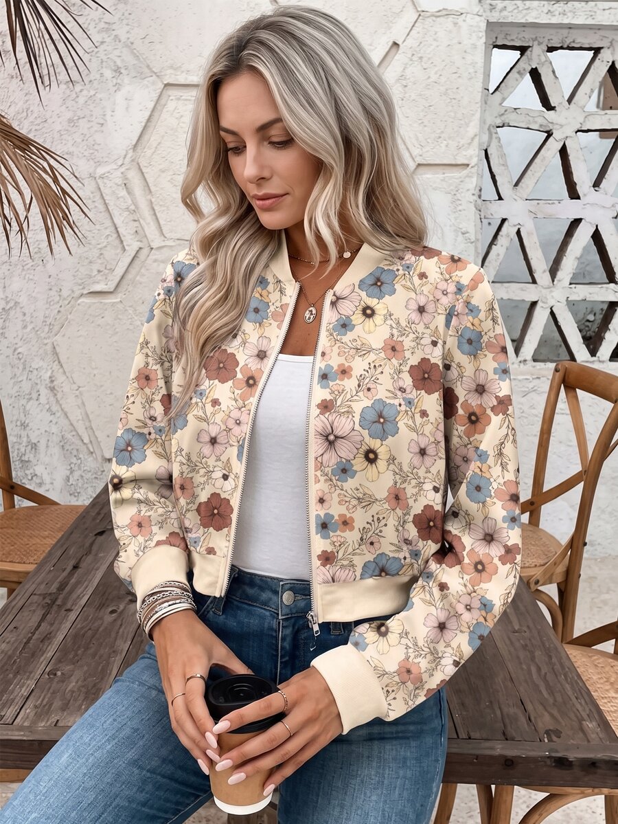 Louniche Floral Print Zip-Up Women Short Baseball Jacket, Spring Autumn Fall Winter Cloth For Women - Multicolor - View 1