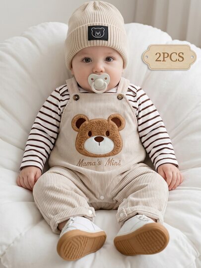SHEIN Vintaside Kids 0-3Y Baby Toddler Autumn&Winter 2pcs Outfit White Beige Long-Sleeve Family Photoshoot City Break Jumpsuit Corduroy Overalls Fall Outfits Cute