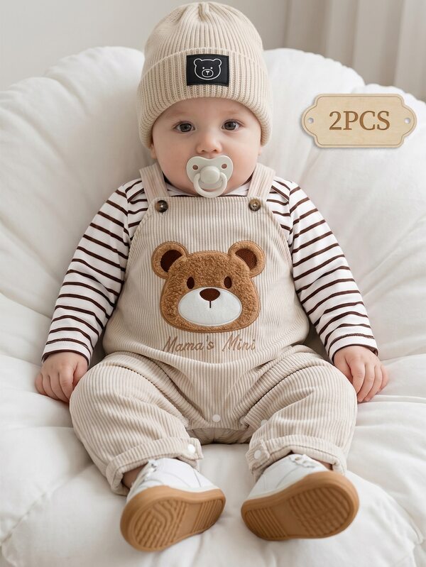 SHEIN Vintaside Kids 0-3Y Baby Toddler Autumn&Winter 2pcs Outfit White Beige Long-Sleeve Family Photoshoot City Break Jumpsuit Corduroy Overalls Fall Outfits Cute